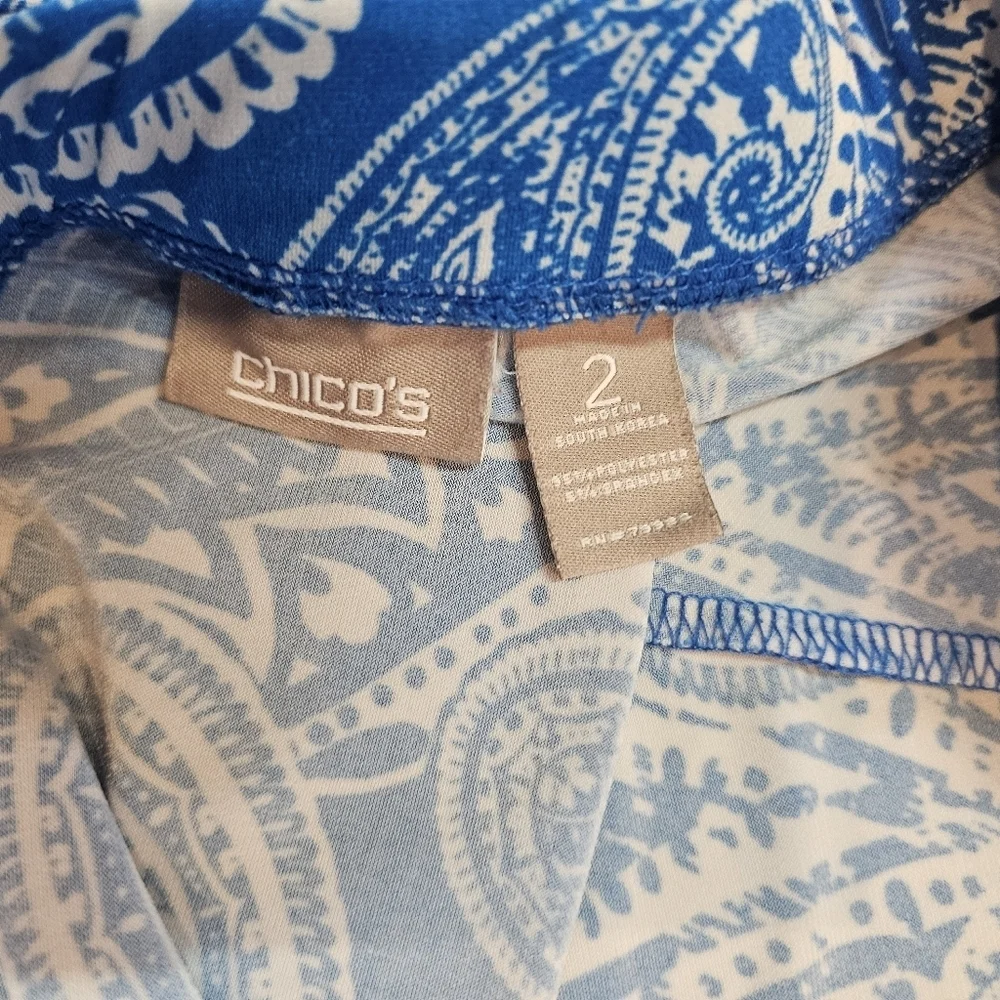 Chico’s Blue White Paisley Midi Skirt Size 2 L Stretch Pull-On Travel Friendly